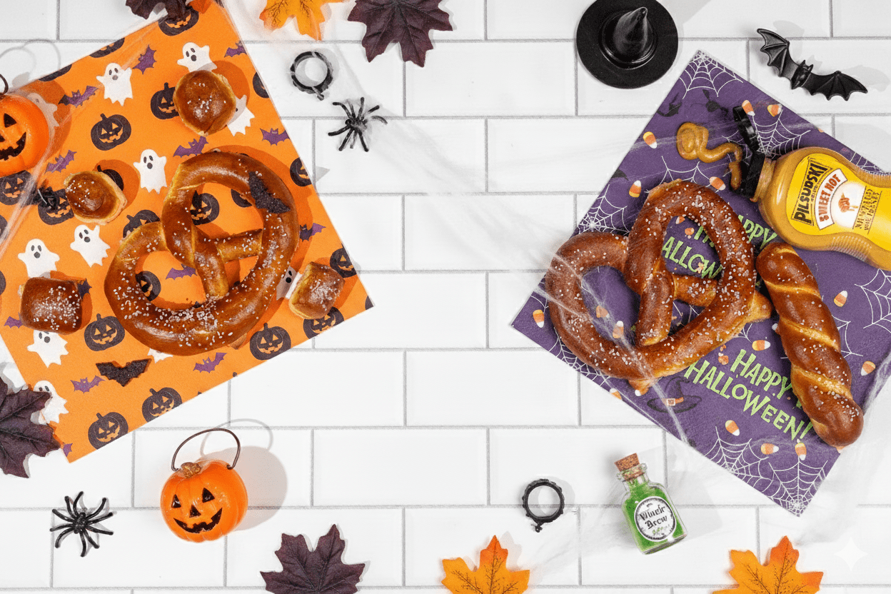 Halloween-themed pretzels on decorative paper with spider webs and pumpkins.