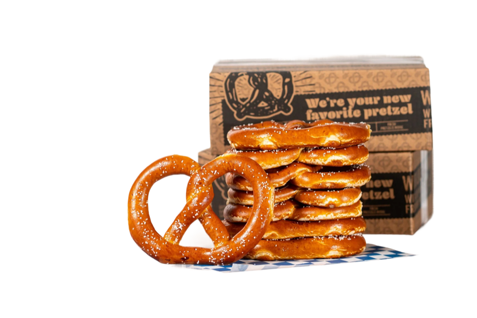 the pretzel co. box with a stack of soft pretzels