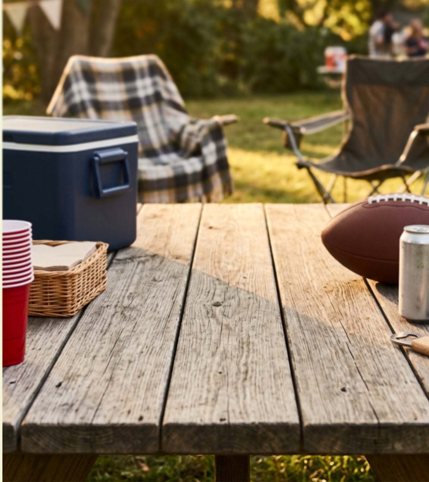 backyard cookout with a cooler, camp chairs and a picnic table