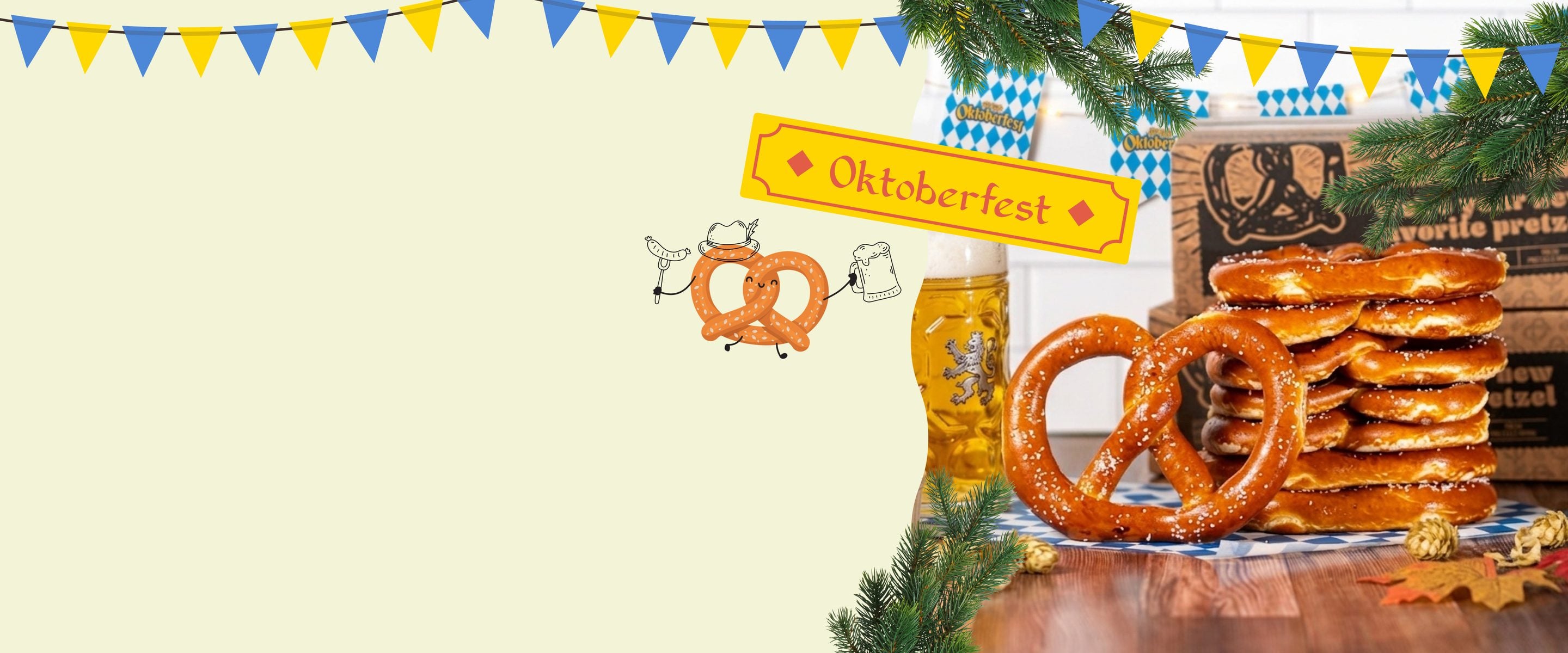 a stack of bavarian soft pretzels with a beer stein, oktoberfest bunting and pine sprigs